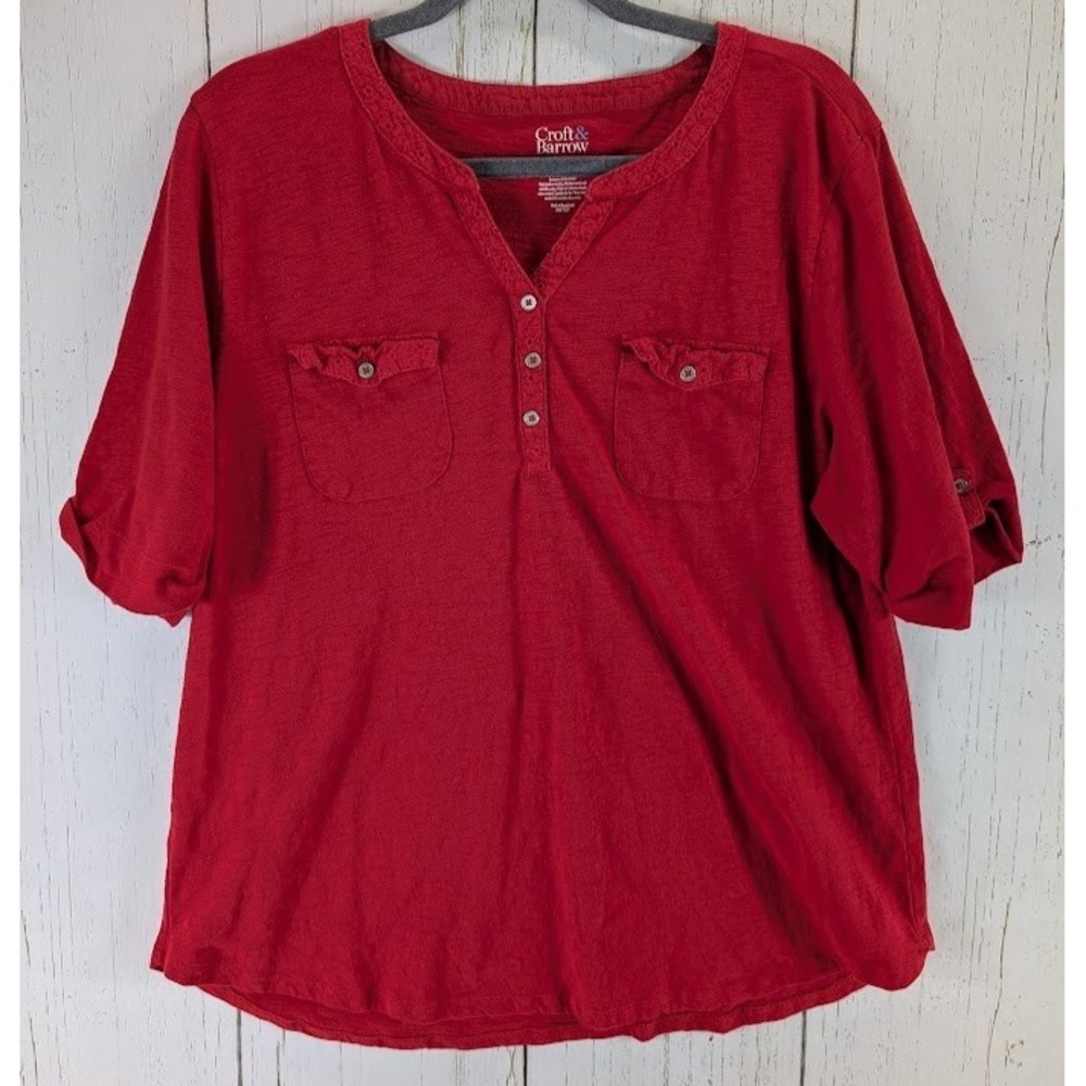 Croft Barrow Size XXL Red Cotton Split‎ V Neck Front Pockets Short Sleeve Top